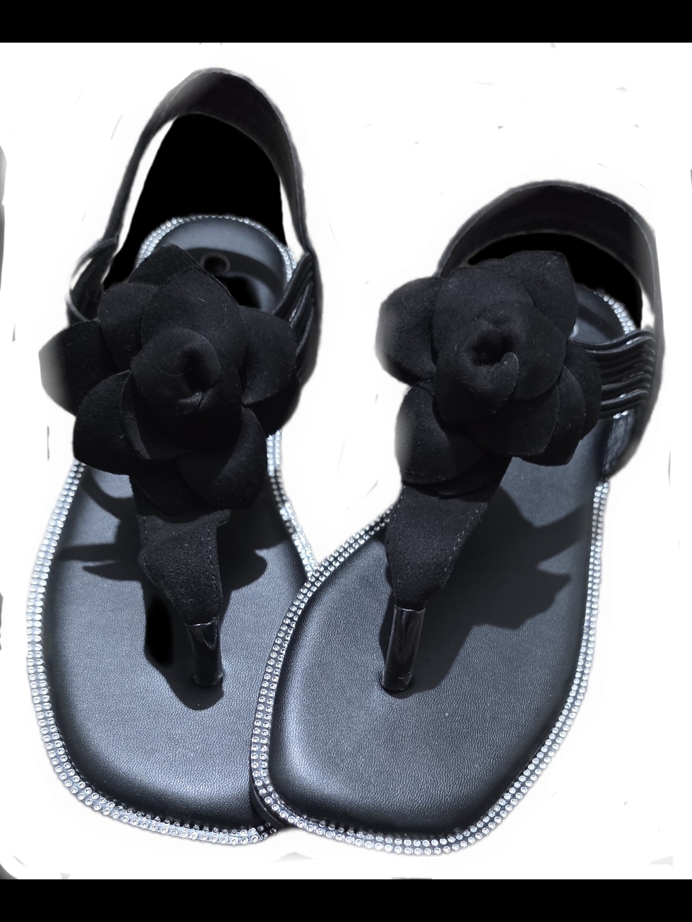 Black Floral T-Strap Sandals with Rhinestone Trim